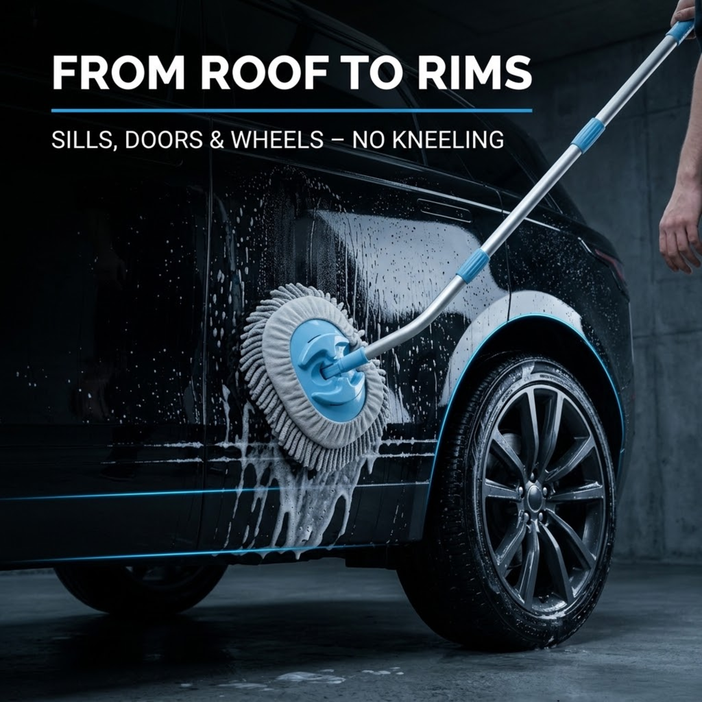 Curved Chenille Wash Mop cleaning the lower door and wheel arch of a black car without kneeling