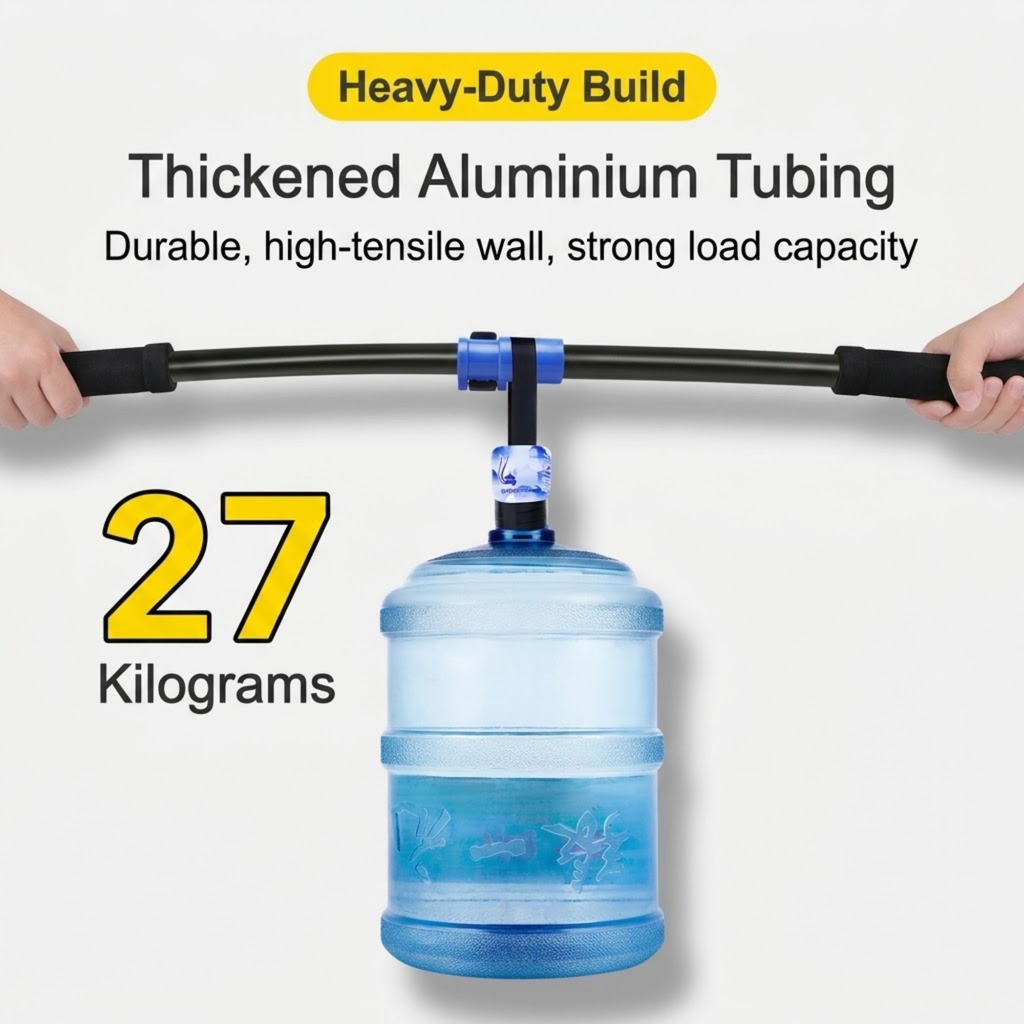 Telescopic Chenille Wash Brush heavy-duty build showing its thickened aluminium tubing holding a suspended 27 kilogram water jug to demonstrate strong load capacity