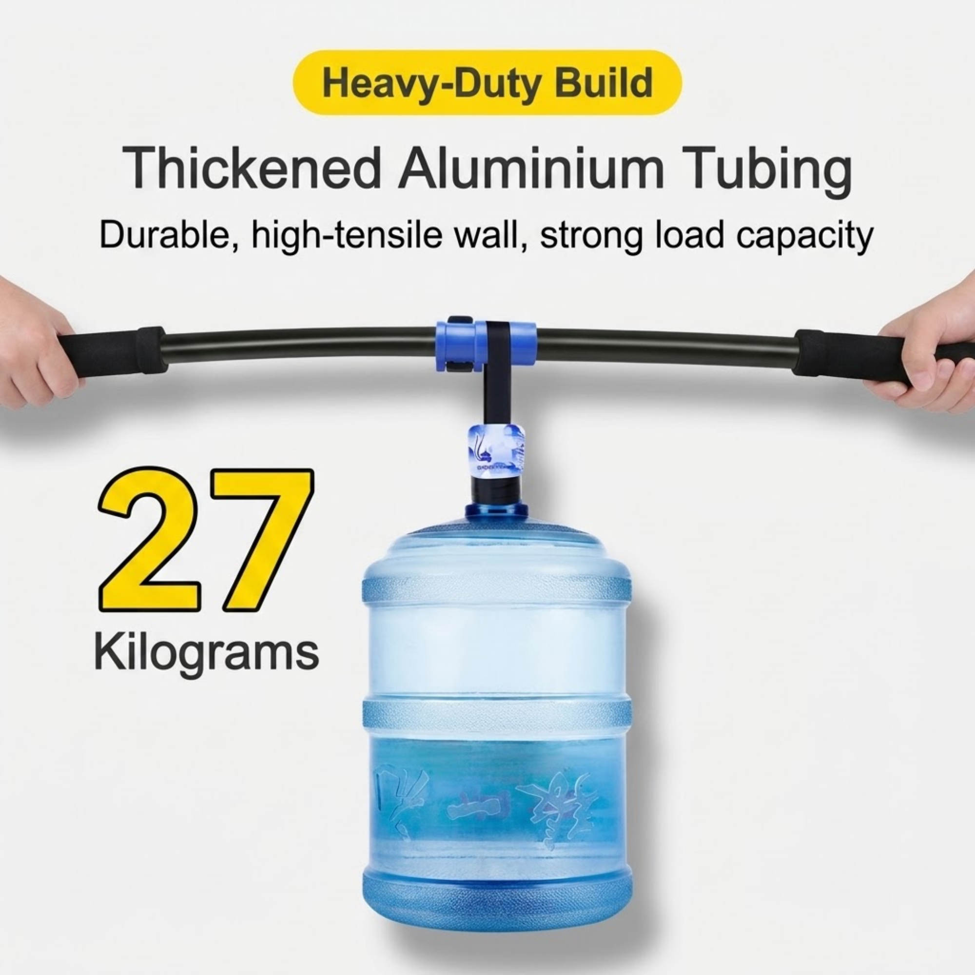Telescopic Chenille Wash Brush heavy-duty build showing its thickened aluminium tubing holding a suspended 27 kilogram water jug to demonstrate strong load capacity