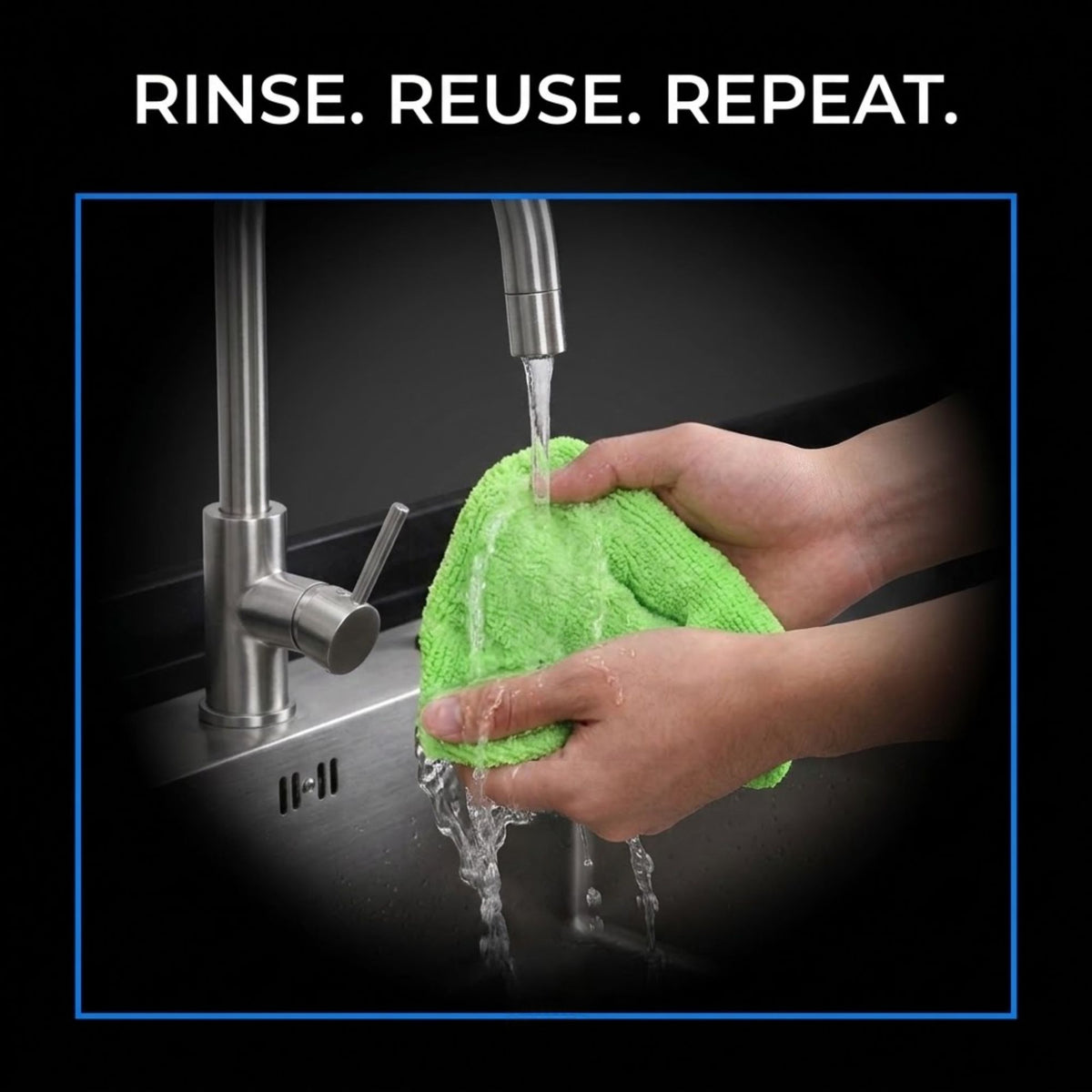 A bright green microfiber cleaning cloth being rinsed under running water from a faucet by two hands, with the text 'RINSE. REUSE.