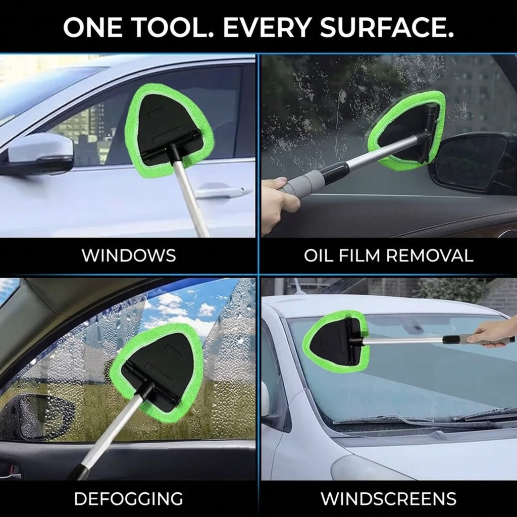 A four-panel demonstration of a car window cleaning tool on different surfaces: windows, oil film removal, defogging, and windscreens. The product is shown attached to a long handle, with a hand visible in one panel.