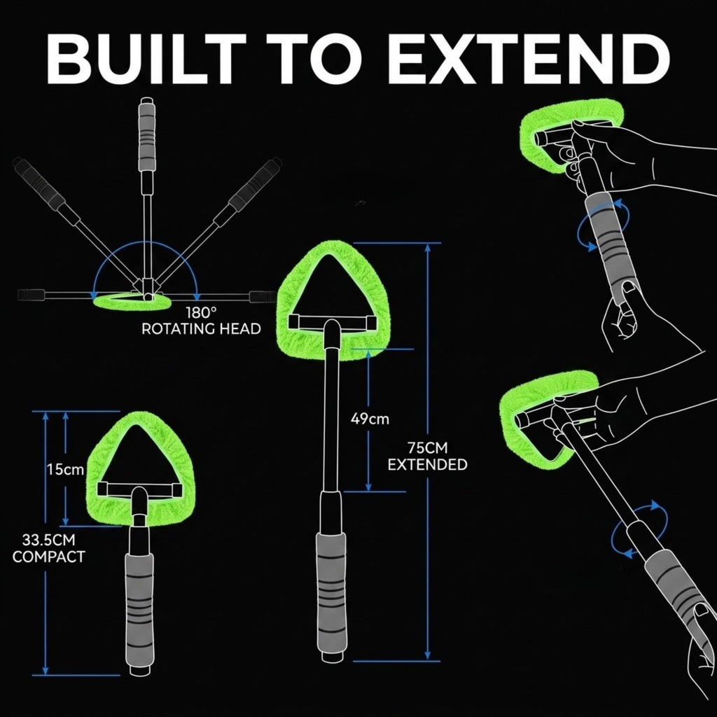 Product feature diagram on a black background showing a cordless trimmer attachment with text reading 'BUILT TO EXTEND' and multiple line drawings demonstrating the rotating head, compact size, and extended length with measurements.