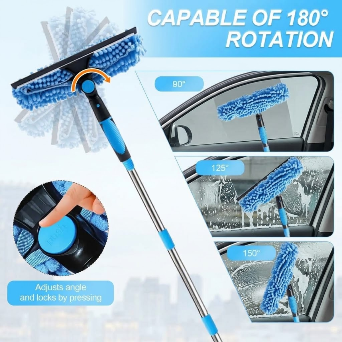 Telescopic window squeegee head rotating 180 degrees to clean a car windscreen at multiple angles