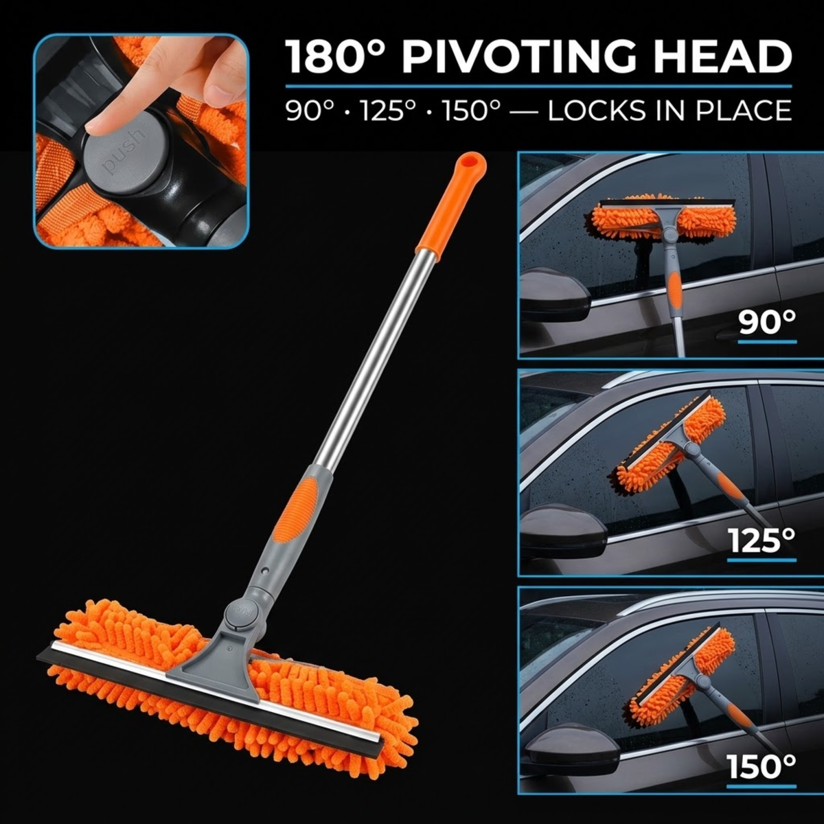 An orange and silver microfiber car window cleaner with a pivoting head, shown on a black background with feature callouts and three inset photos demonstrating use at 90, 125, and 150 degrees.