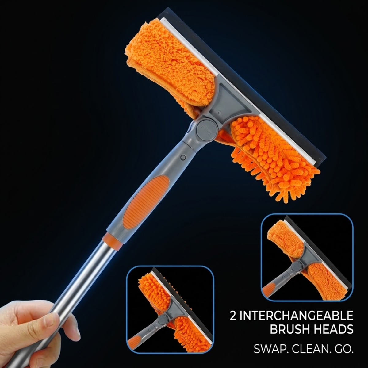 A hand holds a long-handled cleaning brush with a gray handle, orange microfiber brush heads, and a black squeegee attachment against a dark background. Two inset images show close-ups of the brush head, and text reads '2 INTERCHANGEABLE BRUSH HEADS' and 'SWAP.