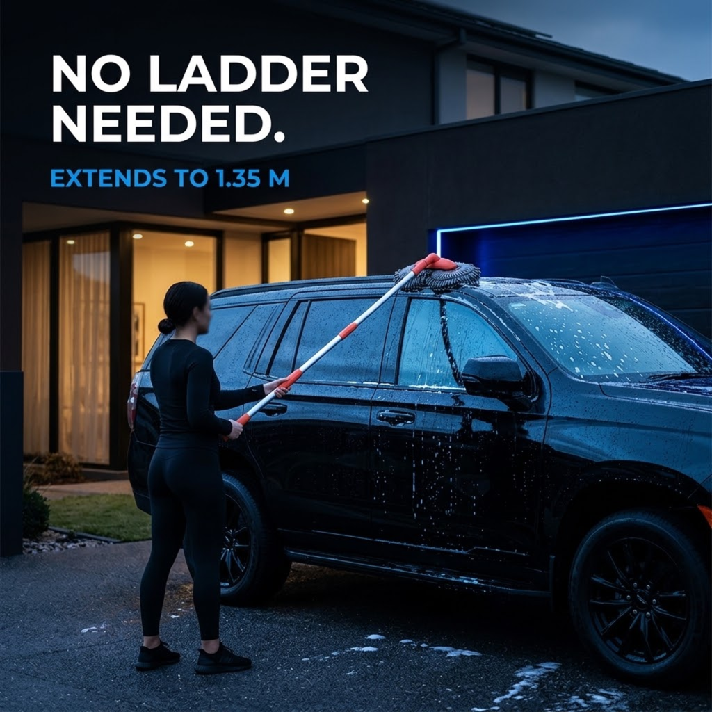 Woman washing the roof of a black SUV with the Telescopic Car Wash Mop extended to 1.35 m in a driveway at dusk
