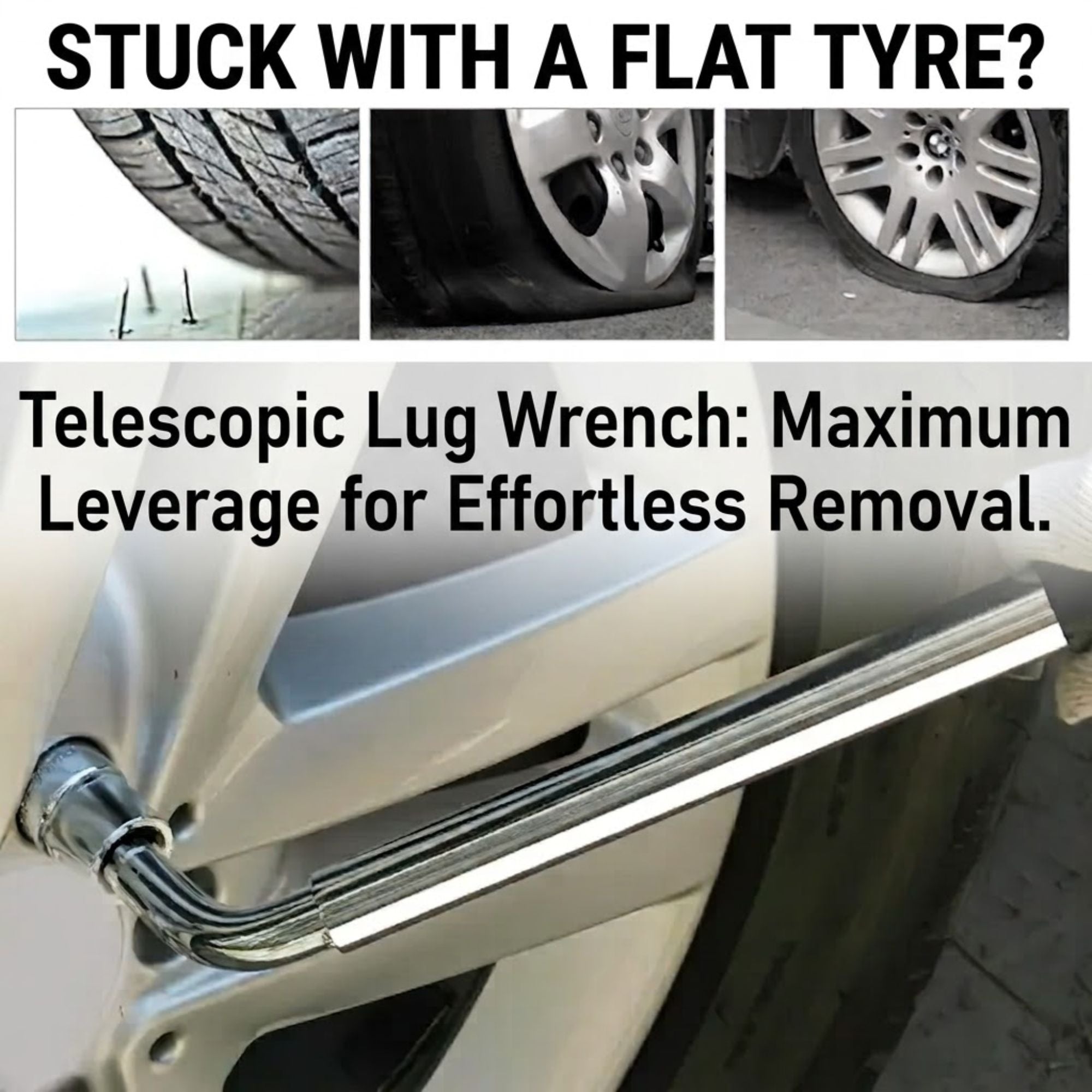 Telescoping lug wrench being used by a gloved hand to loosen a lug nut on a car wheel, illustrating a flat tyre solution