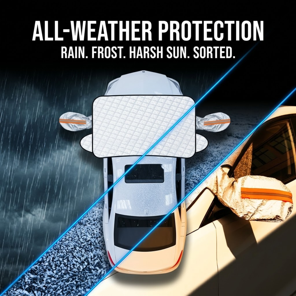 A car windshield sun shade shown installed on a vehicle, with a split comparison of a clean white shade on the left and a crumpled beige shade on the right under rain and harsh sun conditions. Bold text at the top reads 'ALL-WEATHER PROTECTION' and 'RAIN.