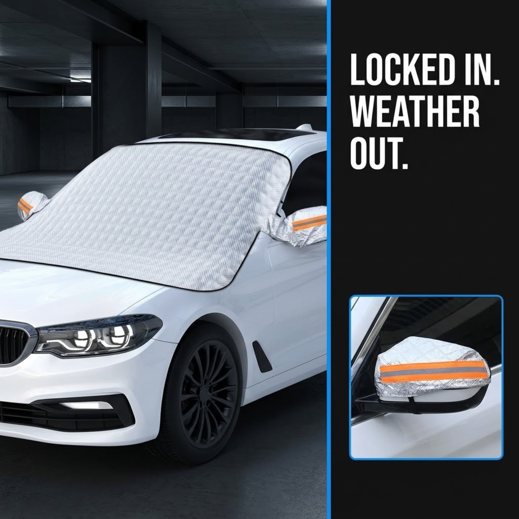 A white car in a dark parking garage with a quilted silver sun shade covering the windshield and side window. White text on the right reads 'LOCKED IN.