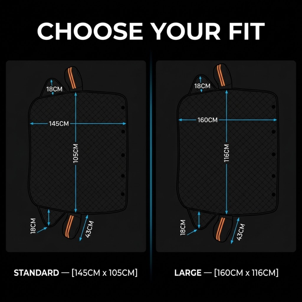 A fit chart graphic showing two side-by-side views of a black padded rectangular pad with orange accent tabs, labeled standard and large, with blue dimension lines and text reading CHOOSE YOUR FIT.