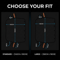 A fit chart graphic showing two side-by-side views of a black padded rectangular pad with orange accent tabs, labeled standard and large, with blue dimension lines and text reading CHOOSE YOUR FIT.