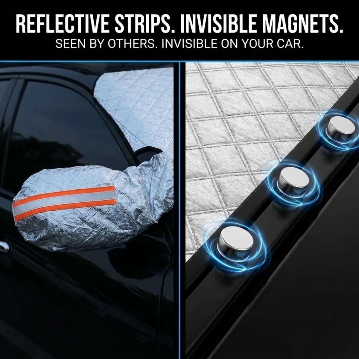 A split-panel product demonstration showing a silver car sun shade with orange reflective stripes on the left, and a quilted silver car cover with three circular magnets on the right. Text at the top reads: 'REFLECTIVE STRIPS.