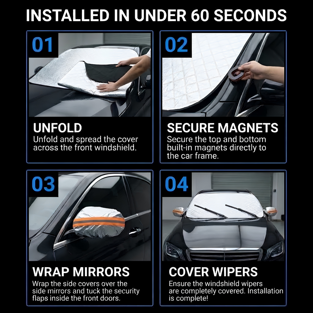 Instruction graphic showing how to install a car windshield cover in four steps: unfold the cover across the windshield, secure magnets to the car frame, wrap mirrors, and cover wipers. The top header reads 'INSTALLED IN UNDER 60 SECONDS' on a black background.