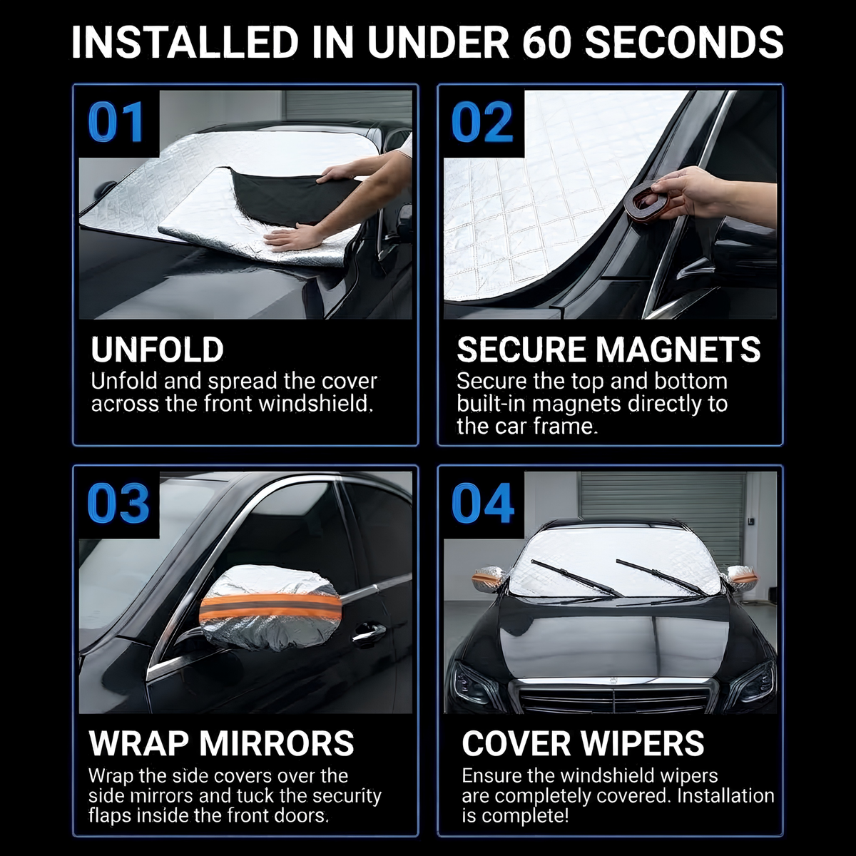 Instruction graphic showing how to install a car windshield cover in four steps: unfold the cover across the windshield, secure magnets to the car frame, wrap mirrors, and cover wipers. The top header reads 'INSTALLED IN UNDER 60 SECONDS' on a black background.