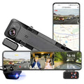 Triple-Lens Mirror Dash Cam displaying front, cabin and rear views on screen with rear camera and smartphone app