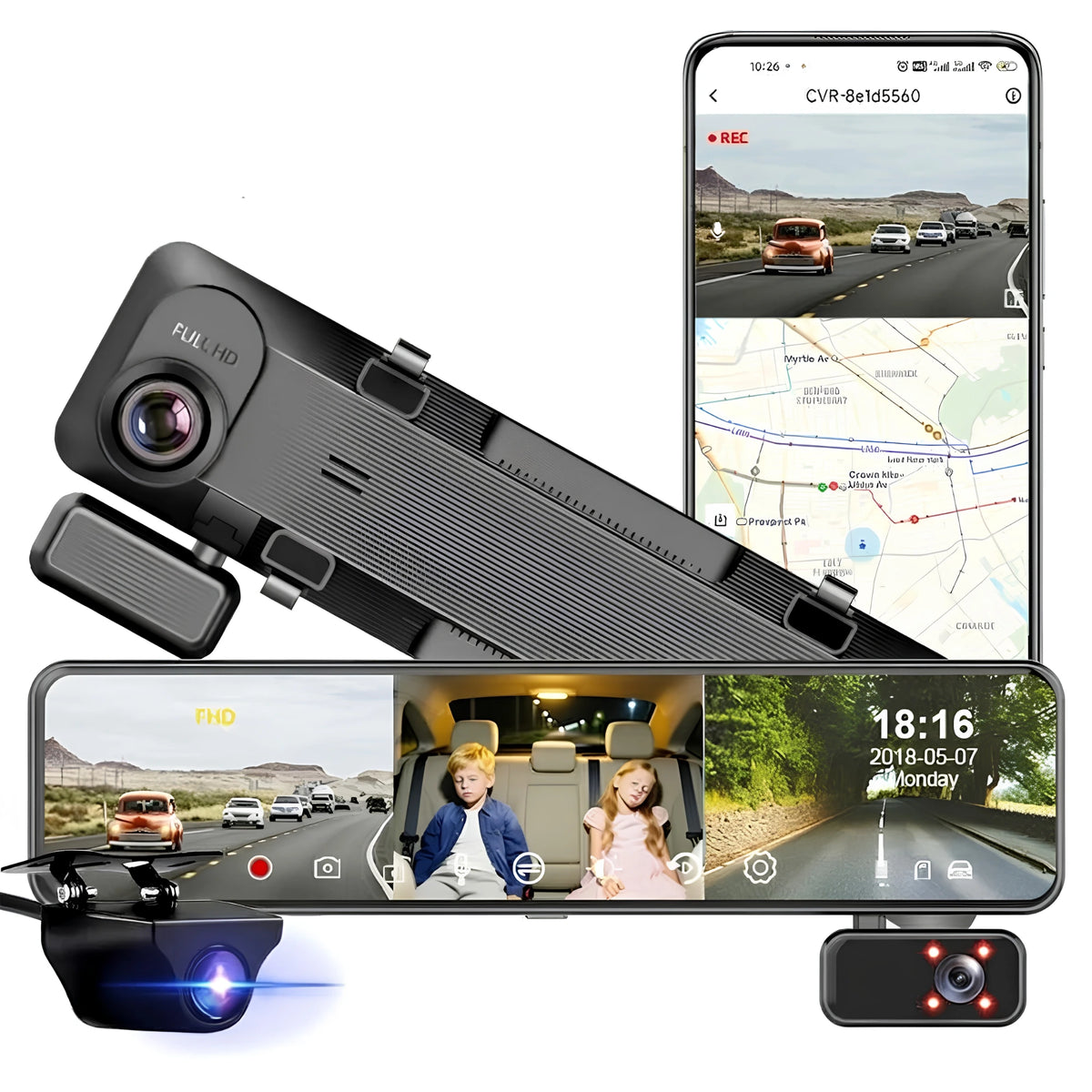 Triple-Lens Mirror Dash Cam displaying front, cabin and rear views on screen with rear camera and smartphone app