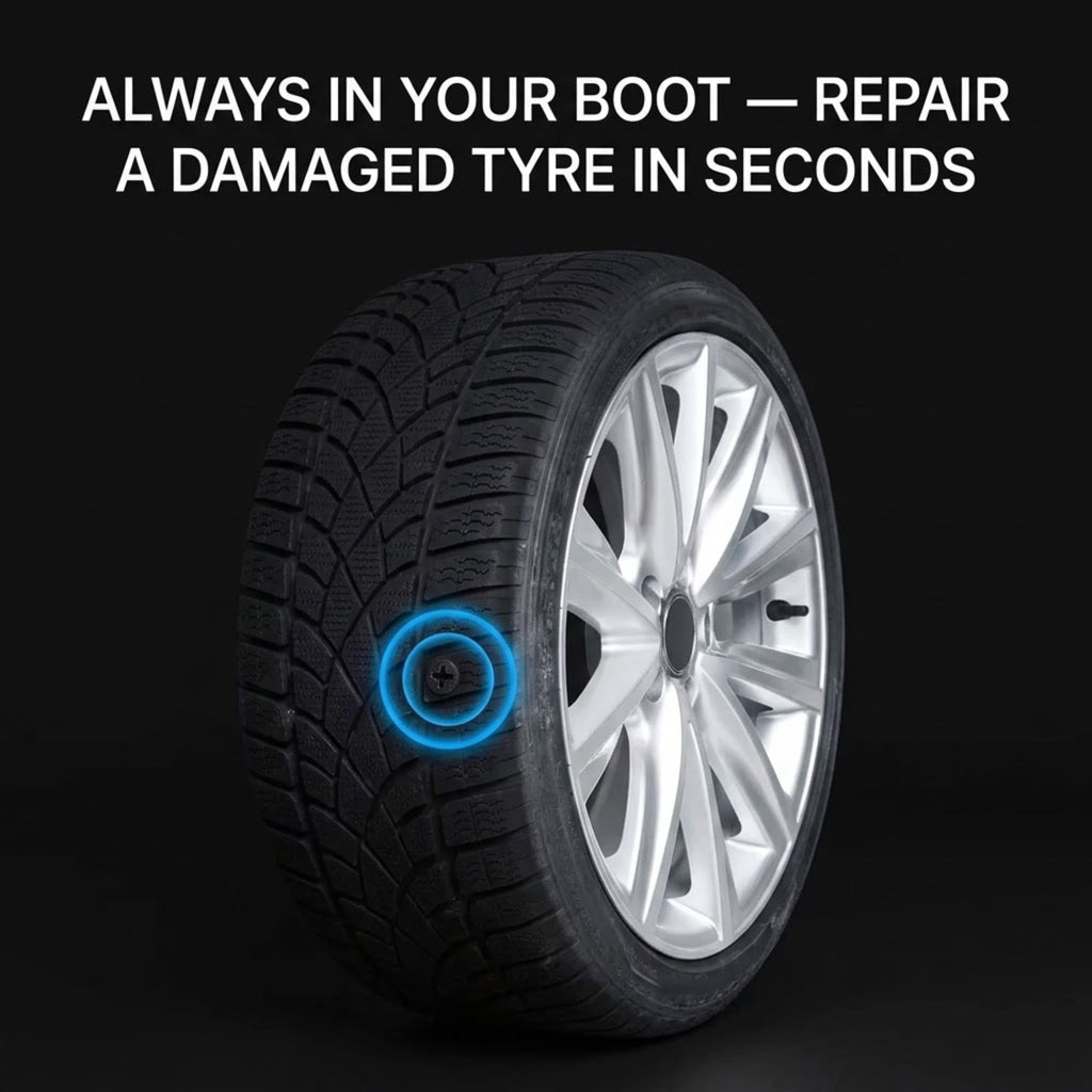 A black winter tire mounted on a silver alloy wheel, shown on a dark background with white promotional text reading 'ALWAYS IN YOUR BOOT — REPAIR A DAMAGED TYRE IN SECONDS' and a glowing blue repair-circle graphic near the tire sidewall.