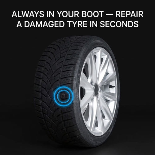 A black winter tire mounted on a silver alloy wheel, shown on a dark background with white promotional text reading 'ALWAYS IN YOUR BOOT — REPAIR A DAMAGED TYRE IN SECONDS' and a glowing blue repair-circle graphic near the tire sidewall.