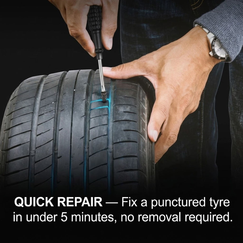 A close-up of a person's hands using a puncture repair tool on a black rubber tire, with text at the bottom reading 'QUICK REPAIR — Fix a punctured tyre in under 5 minutes, no removal required.'.