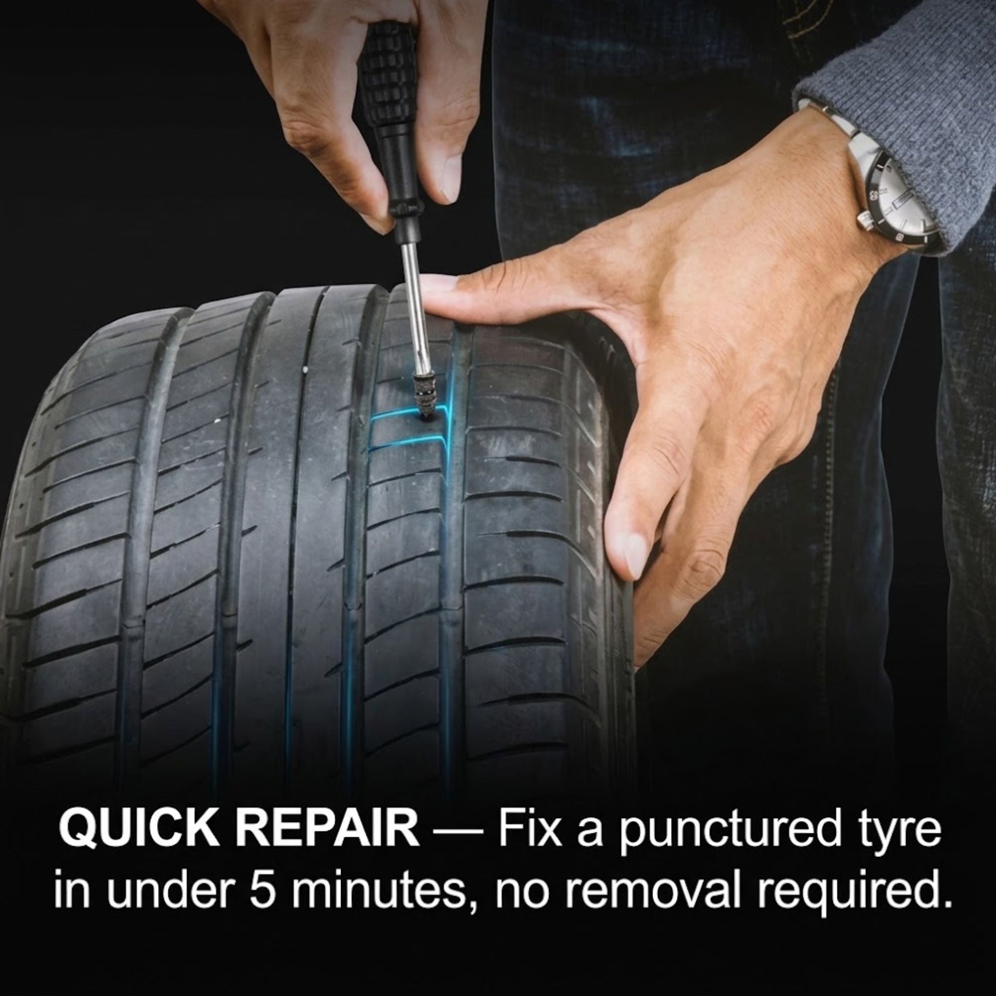 A close-up of a person's hands using a puncture repair tool on a black rubber tire, with text at the bottom reading 'QUICK REPAIR — Fix a punctured tyre in under 5 minutes, no removal required.'.