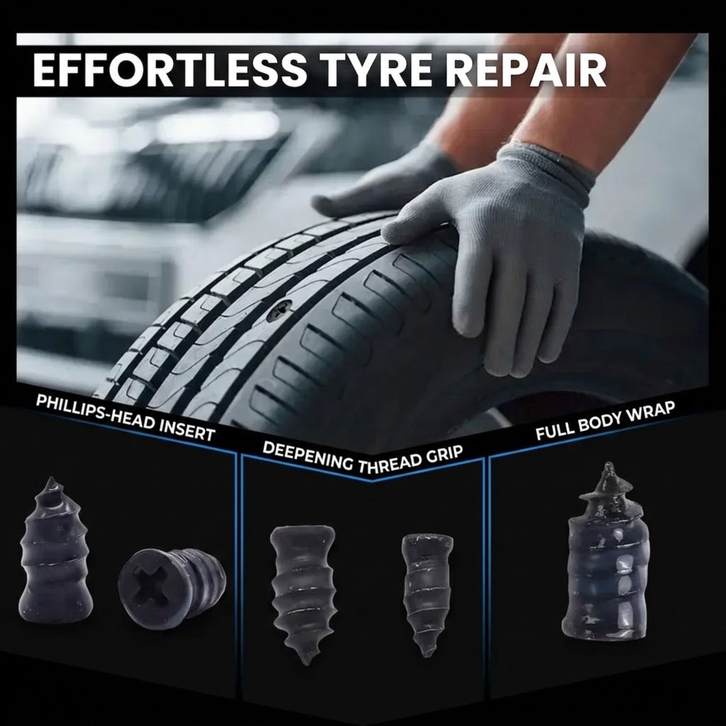 Promotional graphic for a tire repair product with the headline 'EFFORTLESS TYRE REPAIR.' A gloved hand is shown pressing down on a car tire tread.