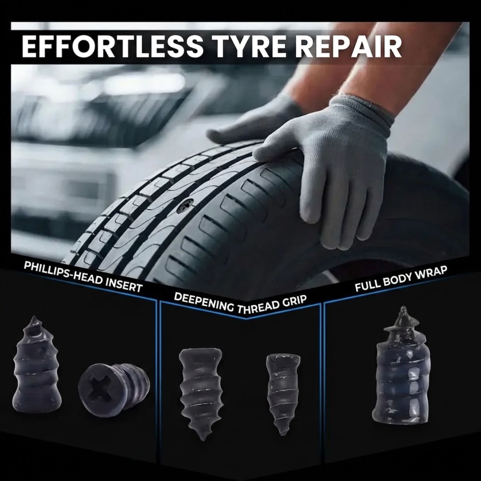 Promotional graphic for a tire repair product with the headline 'EFFORTLESS TYRE REPAIR.' A gloved hand is shown pressing down on a car tire tread.