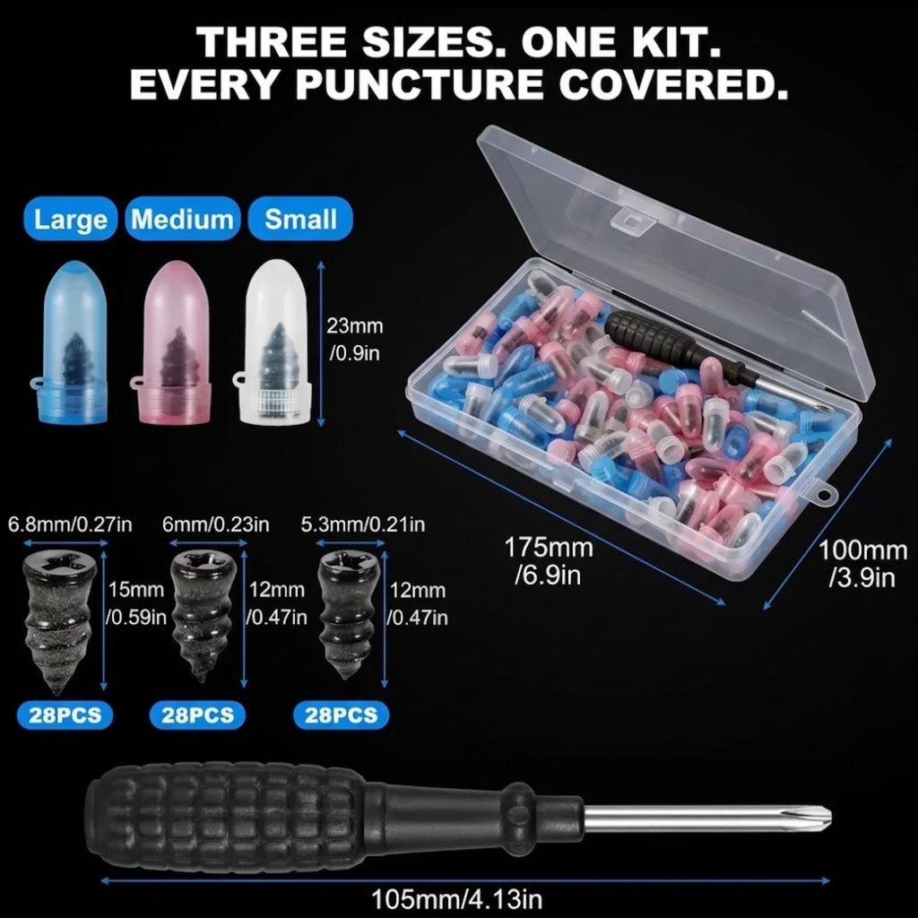 Three-size male nipple clamping kit with a clear plastic case containing pink, blue, and white silicone plugs, a black screwdriver, and dimension labels for large, medium, and small sizes on a black background.