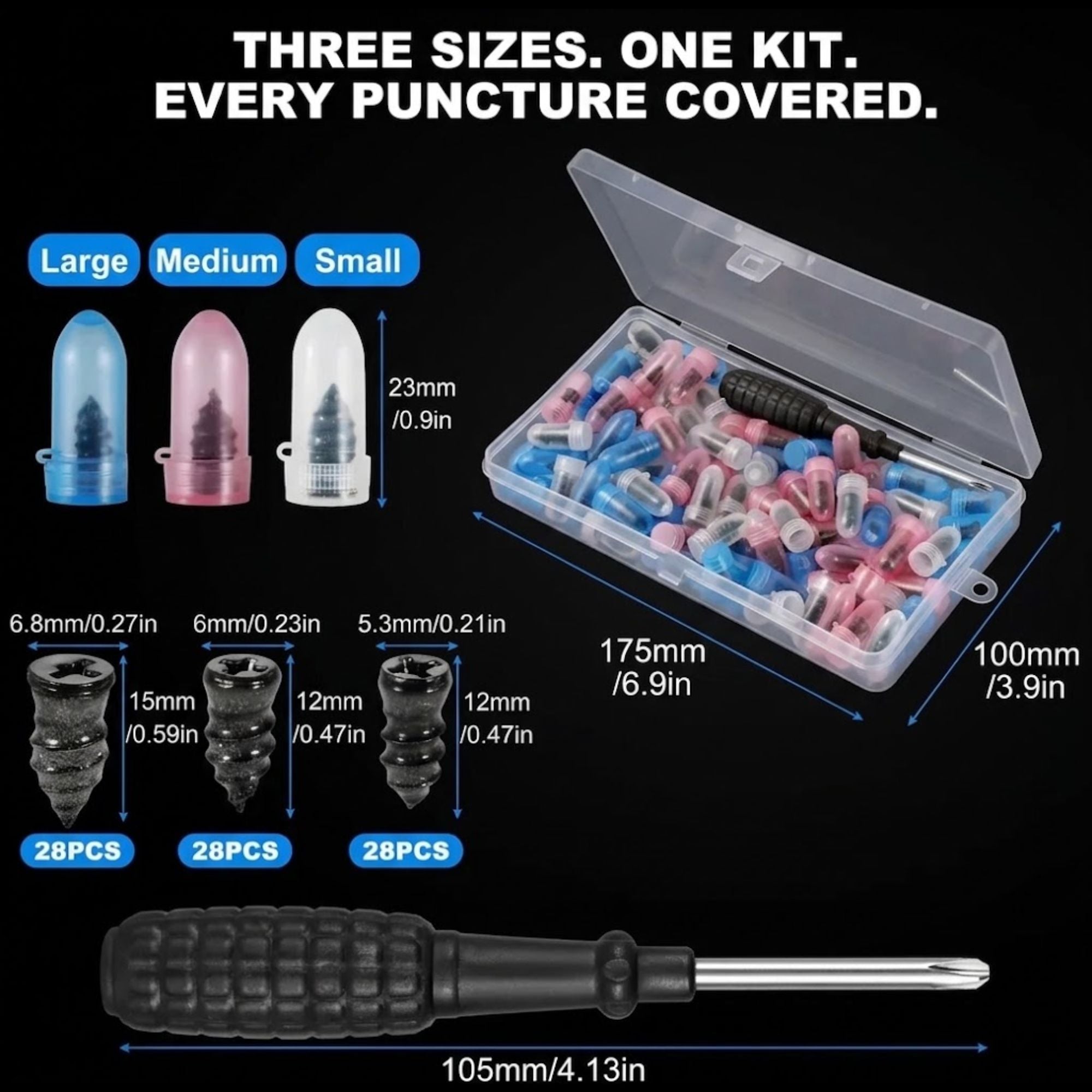 Three-size male nipple clamping kit with a clear plastic case containing pink, blue, and white silicone plugs, a black screwdriver, and dimension labels for large, medium, and small sizes on a black background.