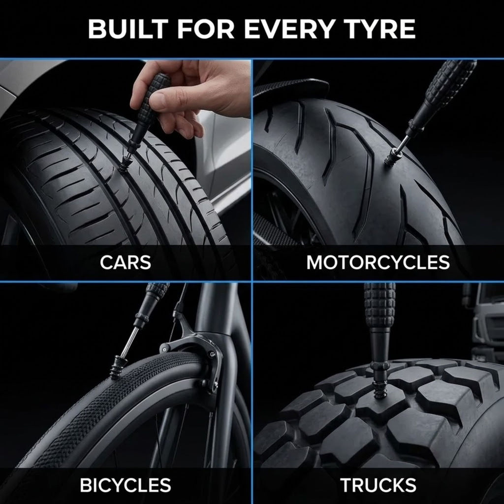 A four-panel promotional graphic showing a tire-changing tool being used on vehicle tires. The panels are labeled CARS, MOTORCYCLES, BICYCLES, and TRUCKS under the headline 'BUILT FOR EVERY TYRE.