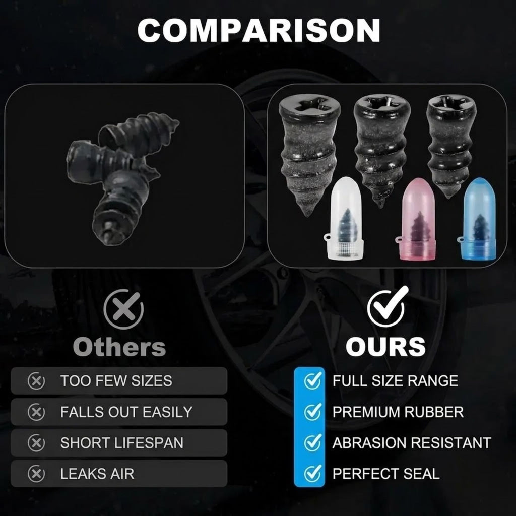 A comparison graphic showing a set of black rubber tire valve caps versus competitors. The left panel displays a competitor's black valve cap, while the right panel shows the product's full size range in black, white, pink, and blue.
