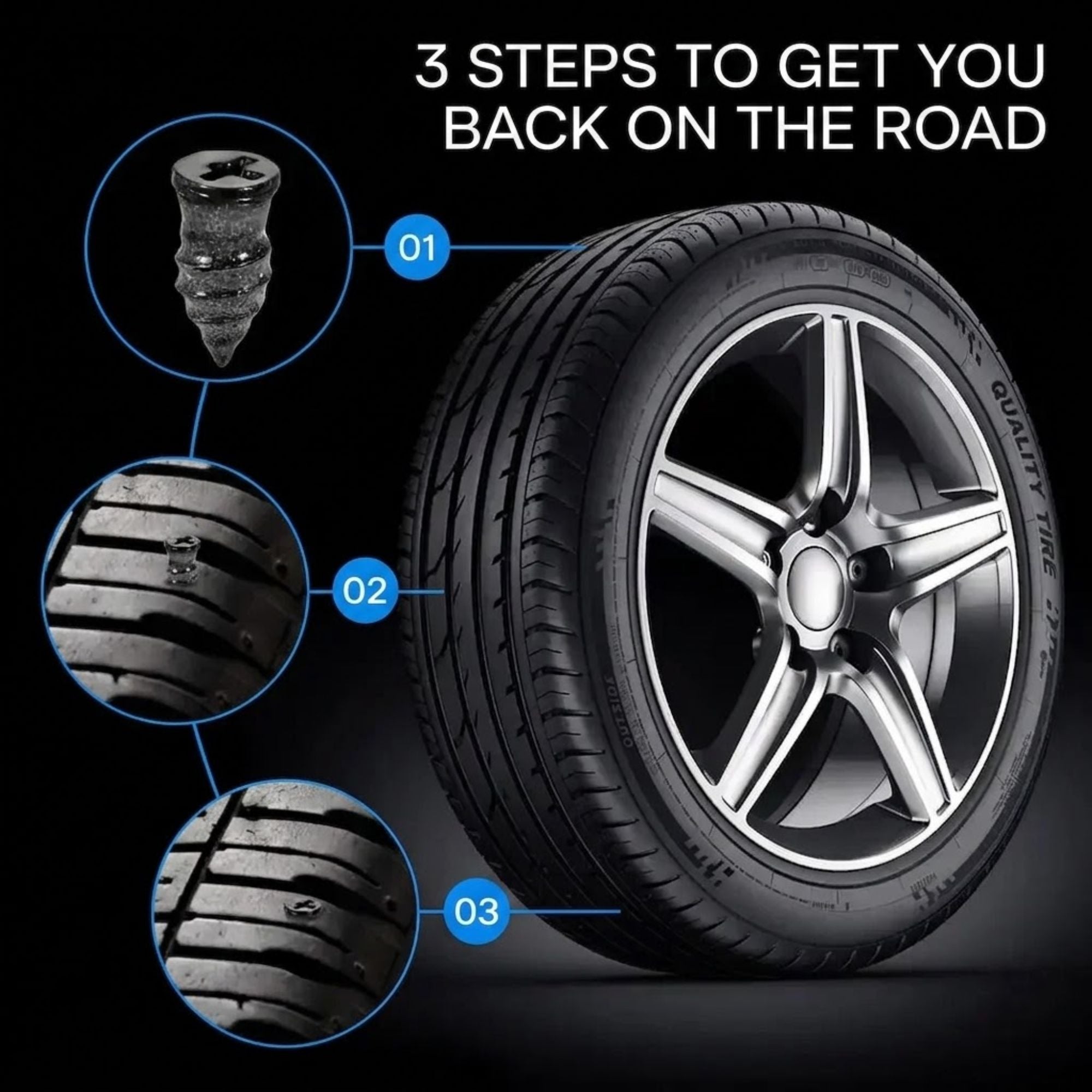 A black car tire with a silver five-spoke wheel on a dark background, with three circular close-up callouts showing tread details and the text '3 STEPS TO GET YOU BACK ON THE ROAD.'.
