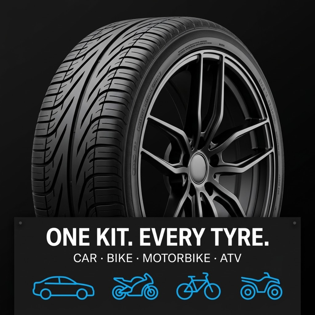 A single black tire shown at a three-quarter angle mounted on a dark multi-spoke wheel, with a black banner at the bottom reading 'ONE KIT. EVERY TYRE.