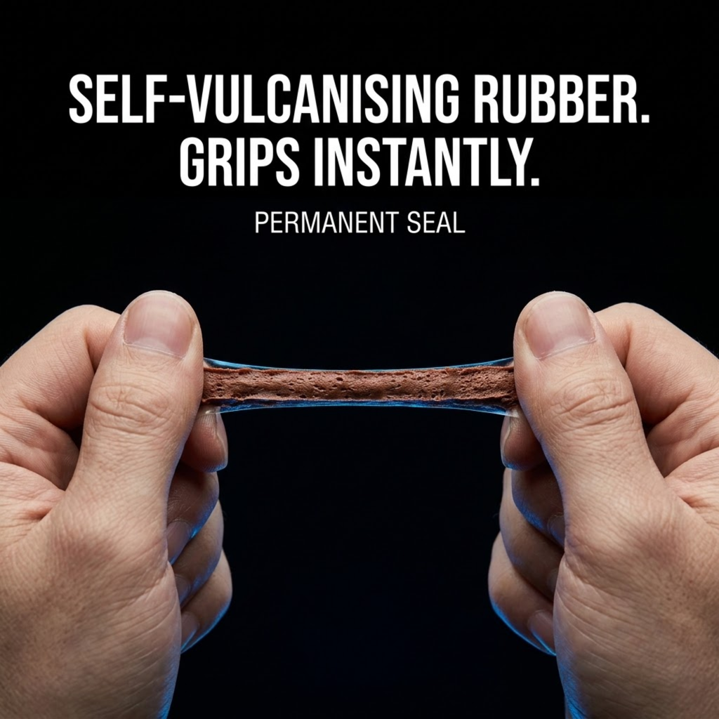 Two hands stretching a brown self-vulcanising rubber strip against a black background, with white text at the top reading 'SELF-VULCANISING RUBBER. GRIPS INSTANTLY.