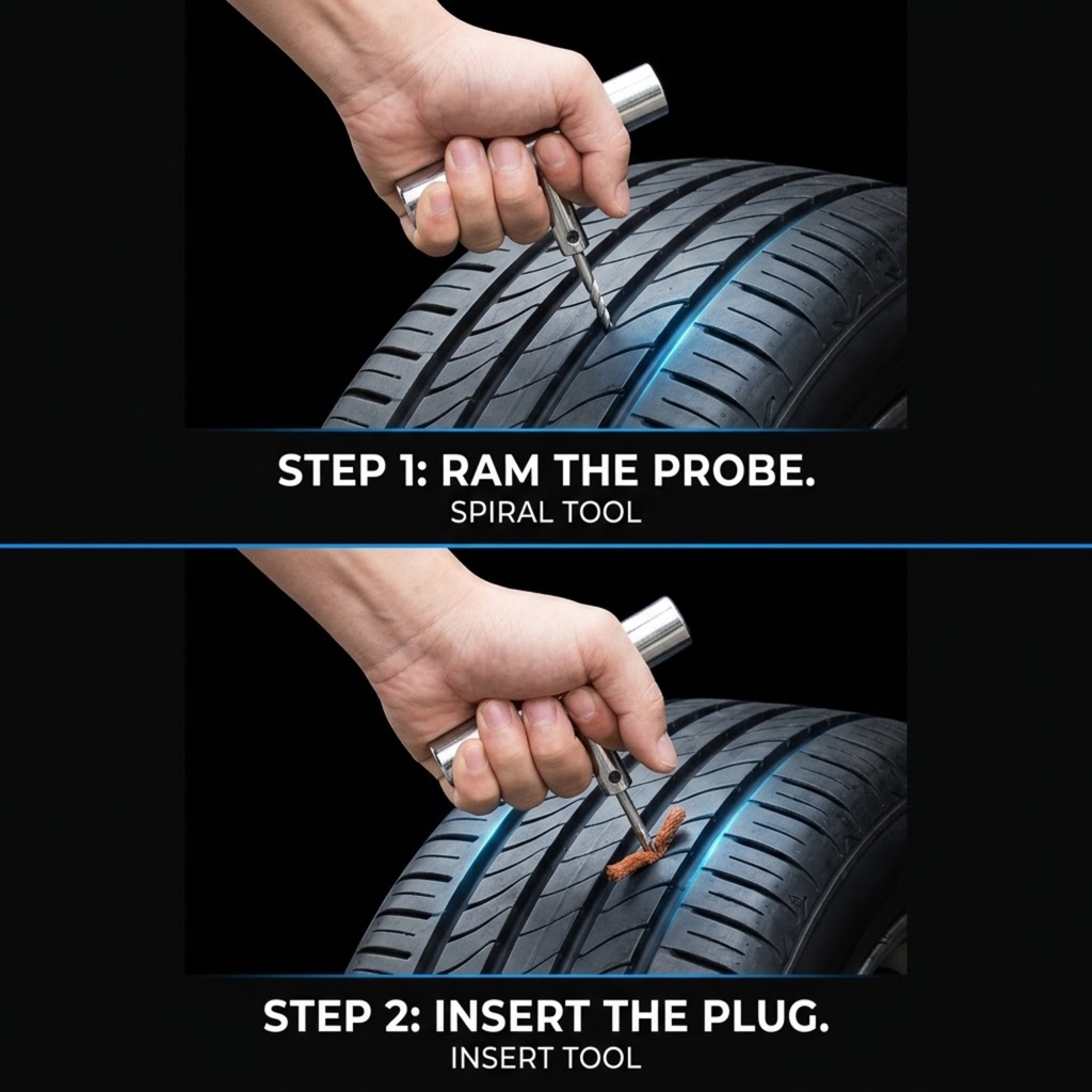 Two-panel instructional graphic showing a hand using a metallic spiral tire tool on a black tire. The top panel reads 'STEP 1: RAM THE PROBE.