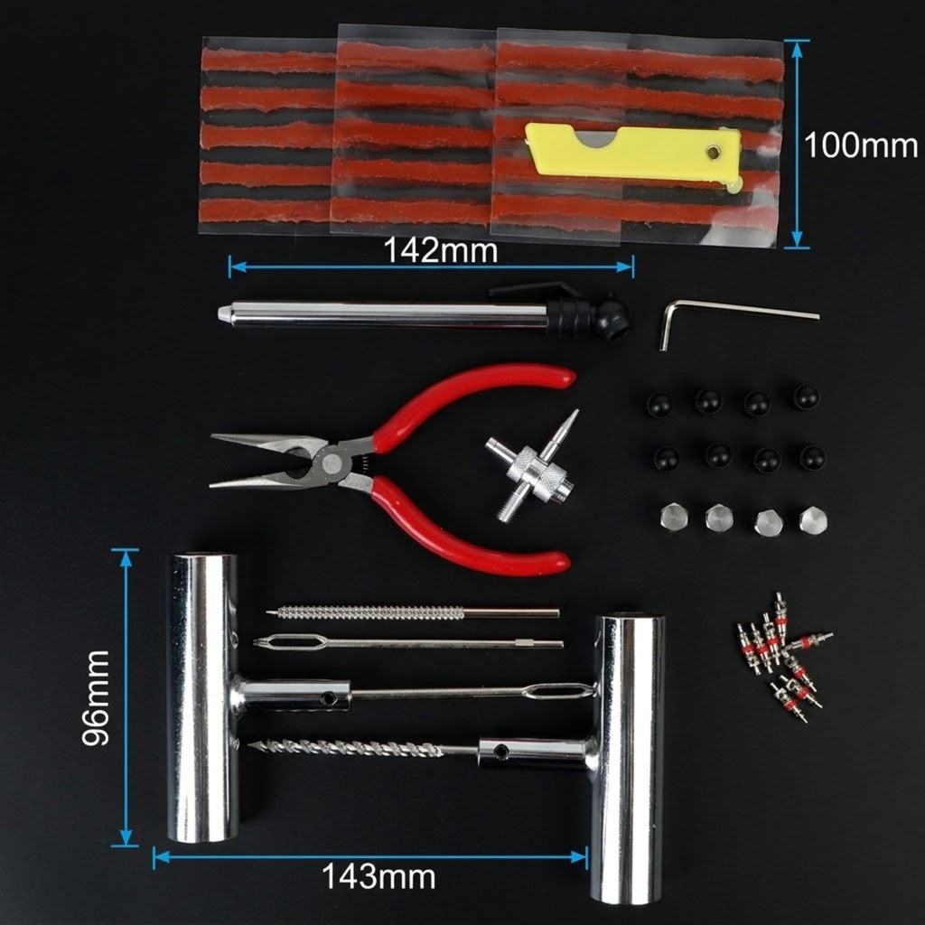A multi-piece metal tool kit laid out on a black background, including red-and-black striped adhesive strips, a yellow plastic piece, silver metal rods, pliers, screws, washers, and drill bits. Blue dimension lines with text show measurements such as 142mm, 96mm, 143mm, and 100mm.