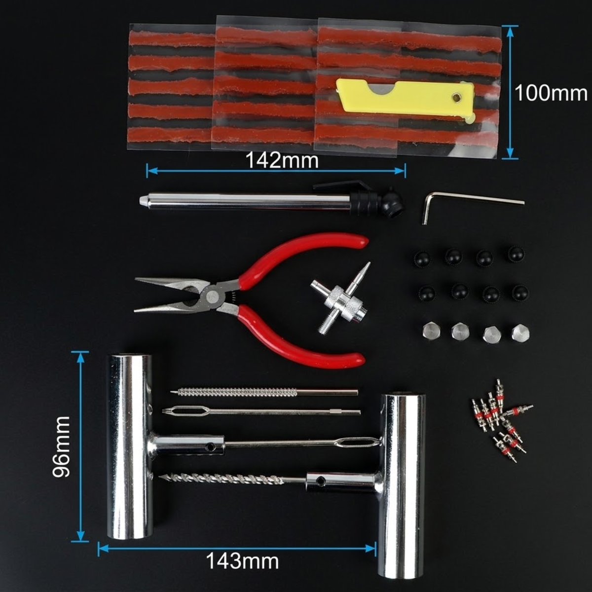A multi-piece metal tool kit laid out on a black background, including red-and-black striped adhesive strips, a yellow plastic piece, silver metal rods, pliers, screws, washers, and drill bits. Blue dimension lines with text show measurements such as 142mm, 96mm, 143mm, and 100mm.