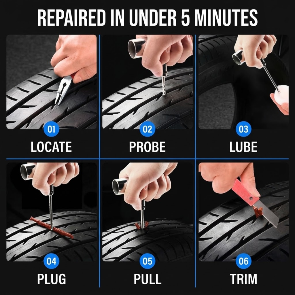 Six-panel instructional graphic showing how to repair a tire under 5 minutes: locate the damage, probe it, apply lubricant, plug it, pull the damaged section out, and trim the remaining tread. The panels include hands using a tire repair tool on a black tire tread against a dark background with white and blue text labels.