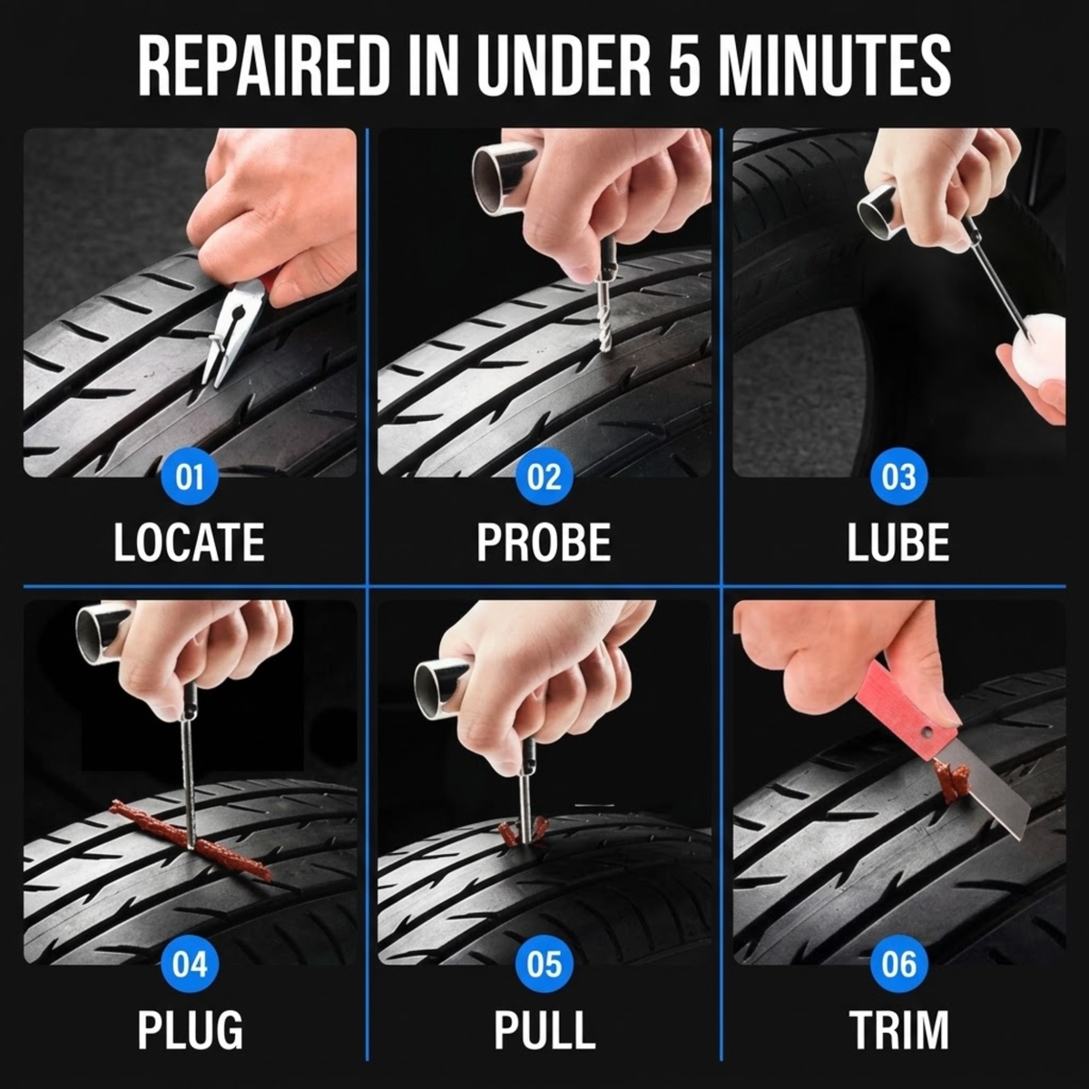 Six-panel instructional graphic showing how to repair a tire under 5 minutes: locate the damage, probe it, apply lubricant, plug it, pull the damaged section out, and trim the remaining tread. The panels include hands using a tire repair tool on a black tire tread against a dark background with white and blue text labels.