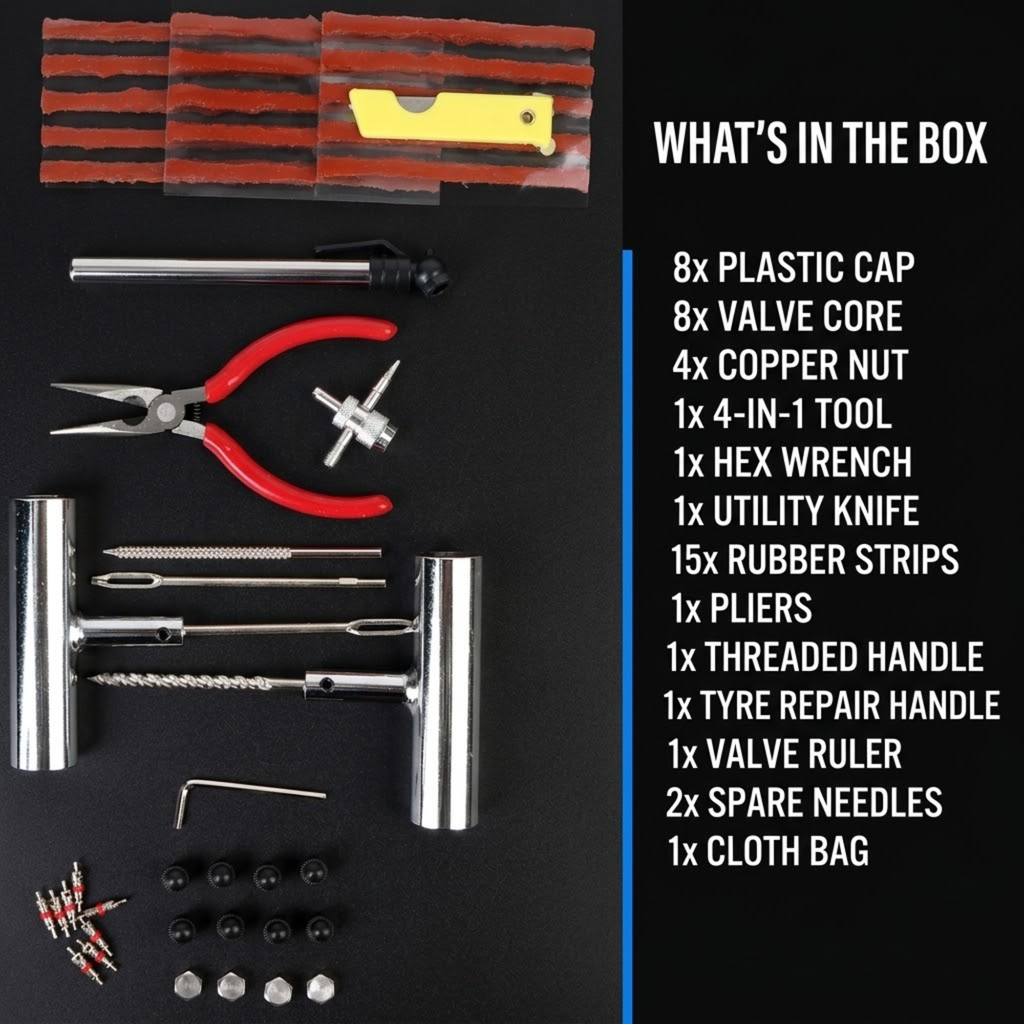 A tire repair kit laid out on a black background with a text panel listing included items. Visible tools include silver metal handles and screwdrivers, red-handled pliers, a yellow utility knife, rubber strips, threaded handle pieces, spare needles, and a cloth bag.