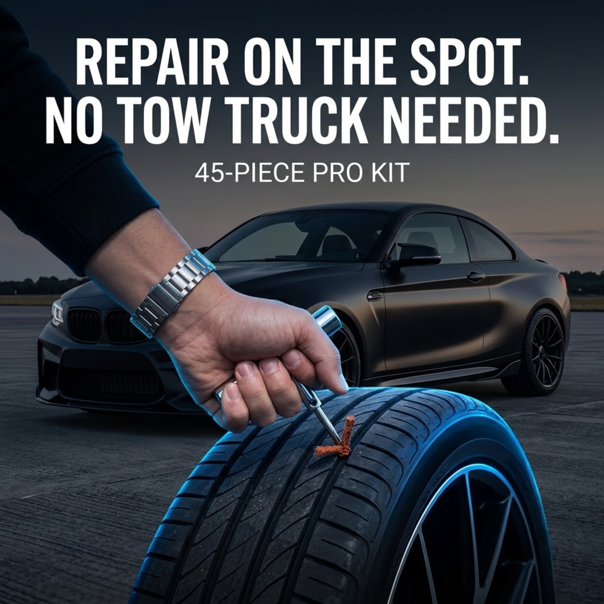 A close-up of a hand using a tire repair tool on a tire tread, with a dark coupe car in the background and large text reading 'REPAIR ON THE SPOT. NO TOW TRUCK NEEDED.