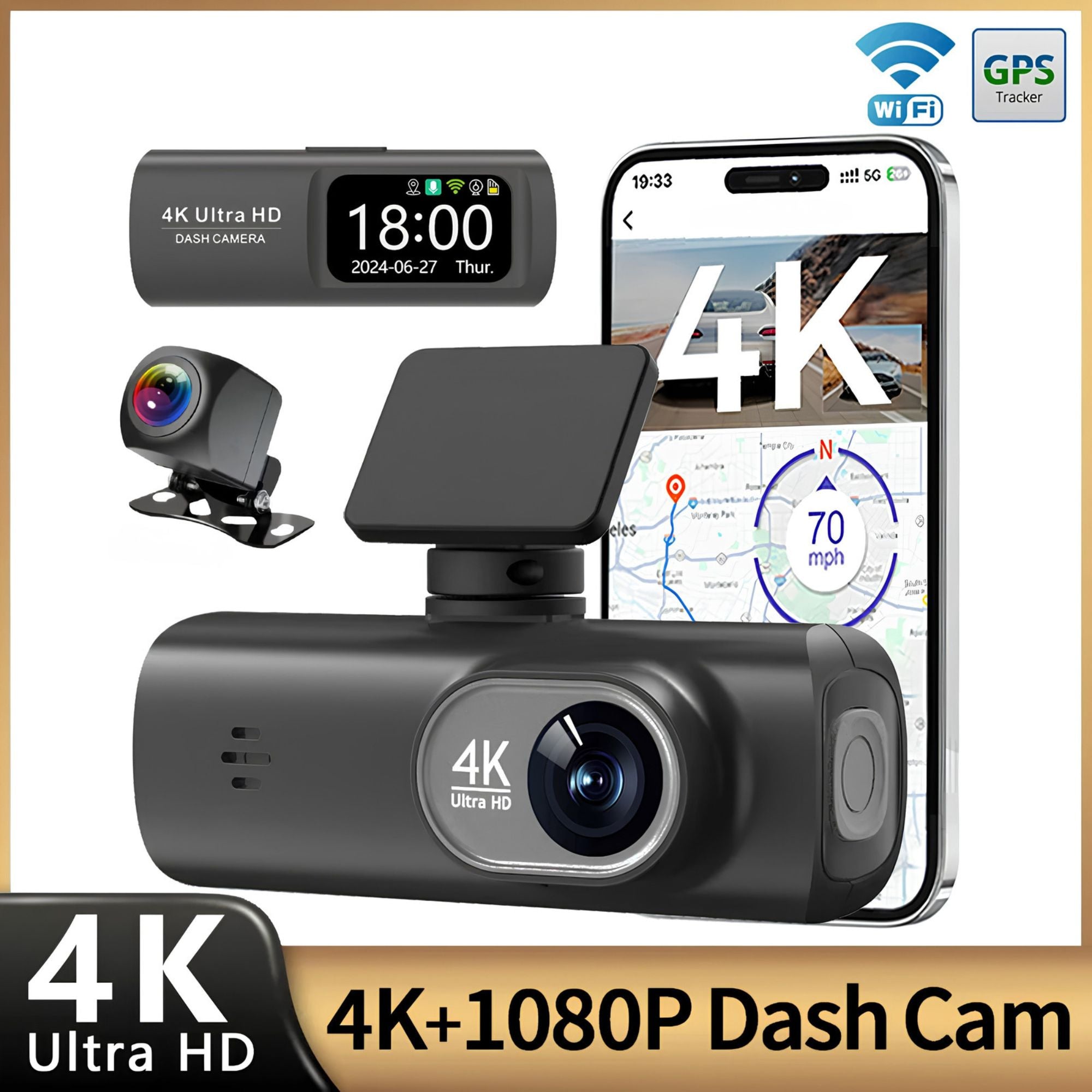 4K WiFi Dash Cam displayed with Wi-Fi and GPS tracker badges alongside a smartphone showing the companion app and live map view