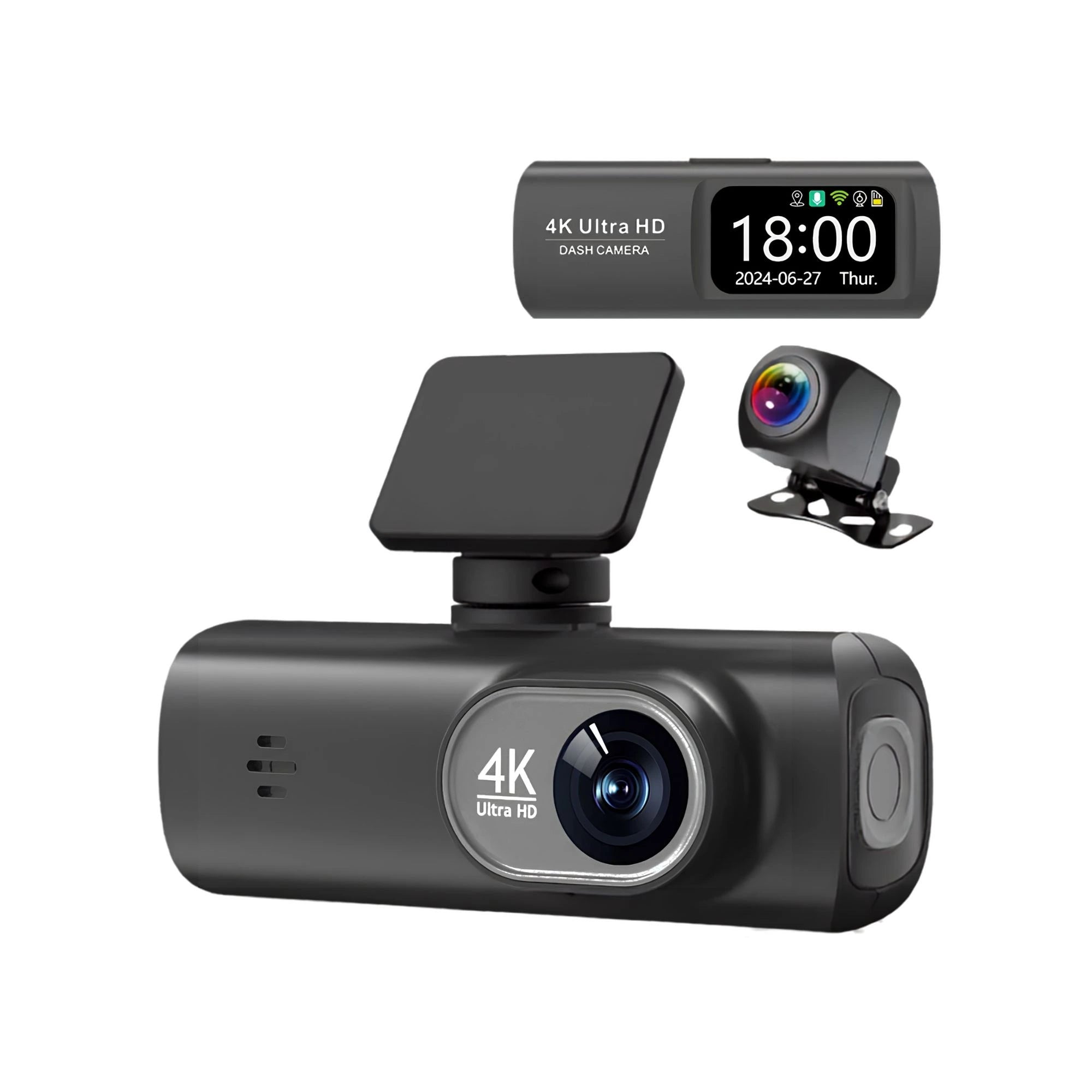 4K WiFi Dash Cam front unit with adjustable windscreen mount, digital display and separate rear-view camera lens, shown on a clean white studio background
