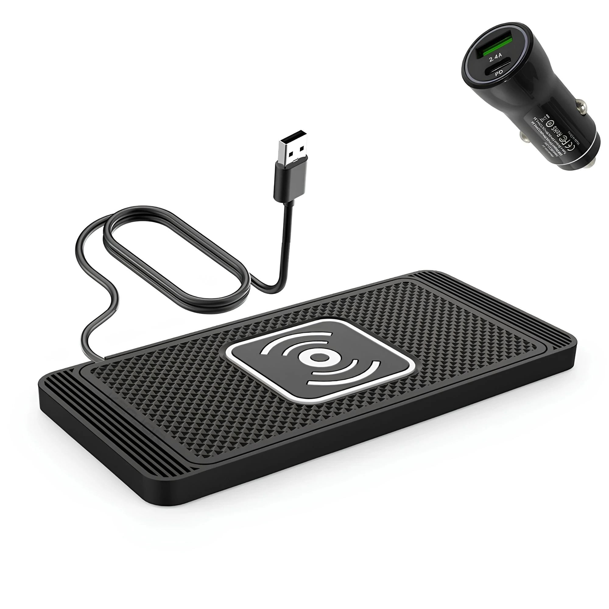 Car wireless charging pad bundled with a USB car charger adapter featuring QC 3.0 and PD20W fast charging ports.