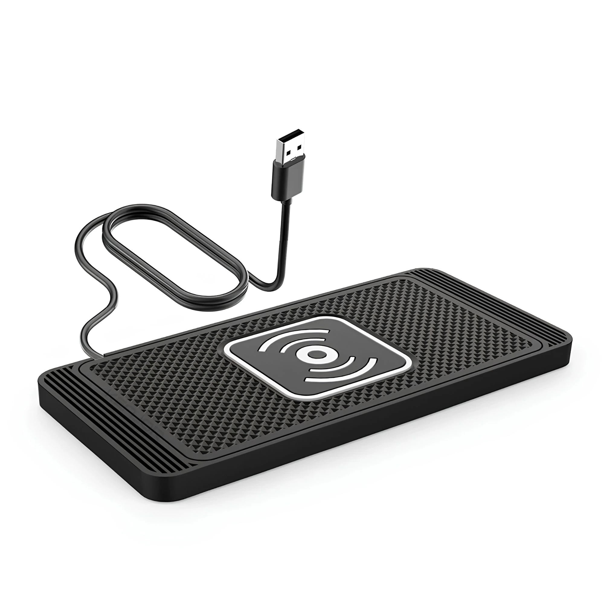 Black silicone non-slip car wireless charging pad with USB charging cable, shown on a white background.