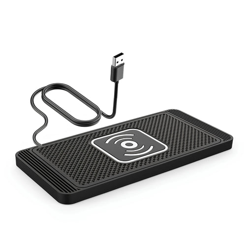 Black silicone non-slip car wireless charging pad with USB charging cable, shown on a white background.