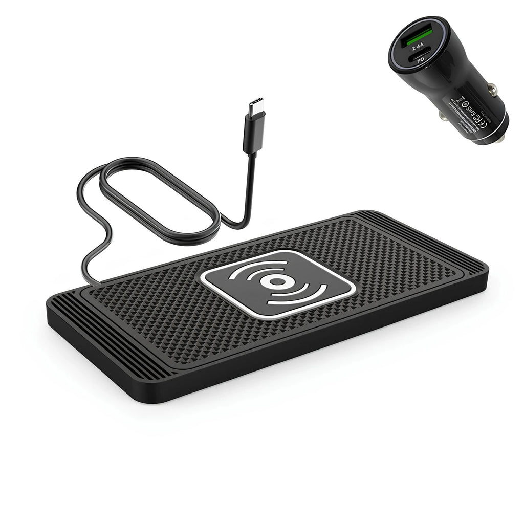 Car wireless charging pad with Type-C cable bundled with a USB car charger adapter featuring QC 3.0 and PD20W fast charging ports.
