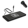 Car wireless charging pad with Type-C cable bundled with a USB car charger adapter featuring QC 3.0 and PD20W fast charging ports.