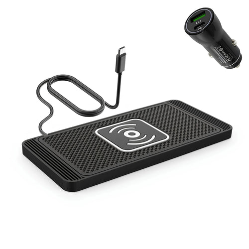 Car wireless charging pad with Type-C cable bundled with a USB car charger adapter featuring QC 3.0 and PD20W fast charging ports.