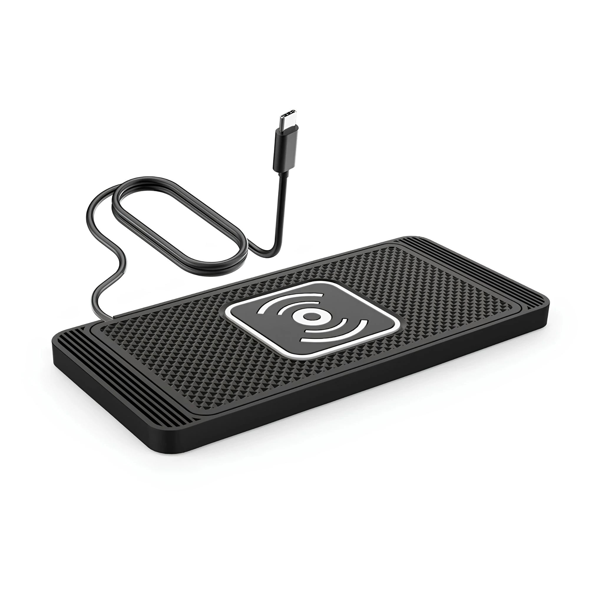 Black silicone non-slip car wireless charging pad with USB Type-C charging cable, shown on a white background.
