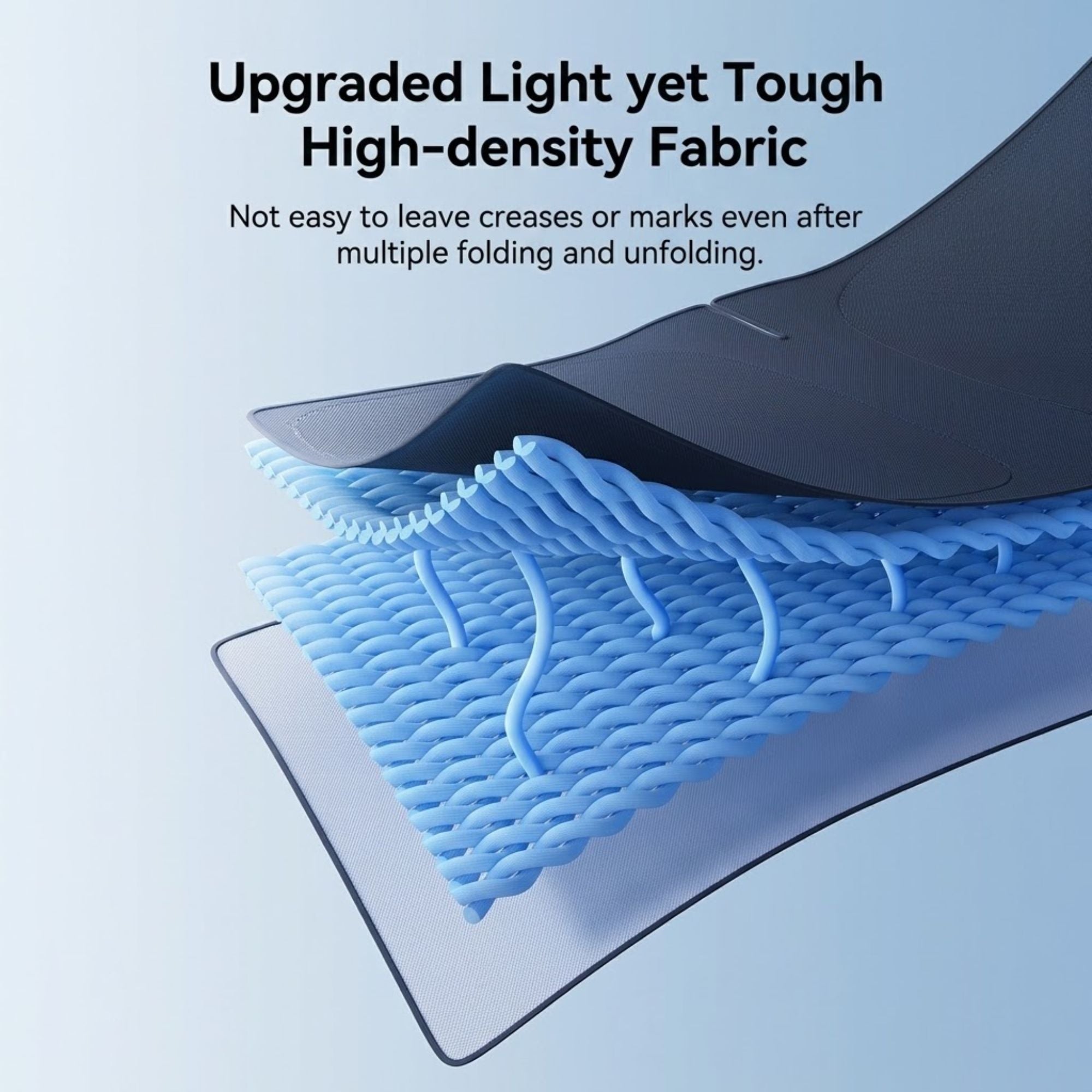 UV-Block Windscreen Sun Shade upgraded light yet tough high-density fabric close-up showing tightly woven blue fibre threads that resist creasing after repeated folding